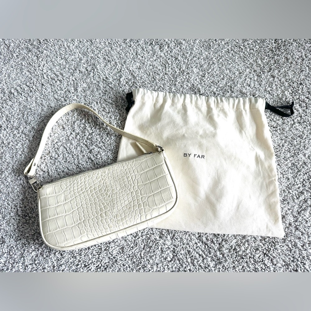 BY FAR Croc-Embossed Mini Shoulder Bag in Cream